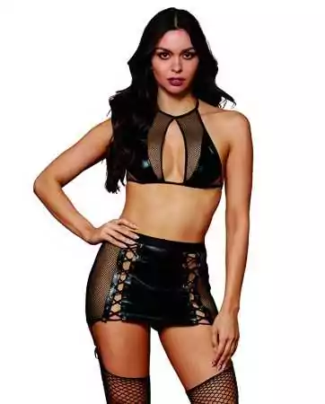 Bra and garter belt skirt in fishnet and faux leather - DG13290BLK