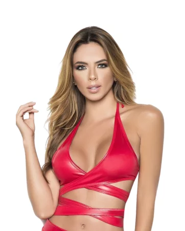 Low-cut top with red wetlook straps - MAL9024WRD