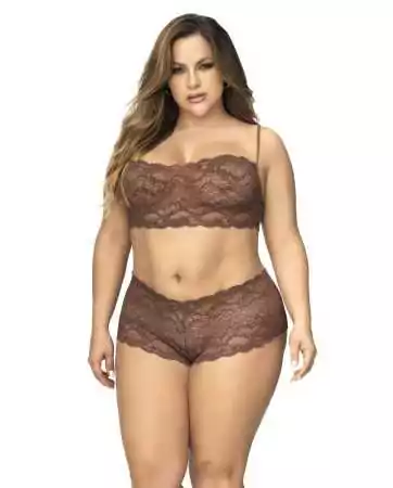 2-piece set in large lace, strapless top and cocoa-colored shorty - MAL206XCOCO