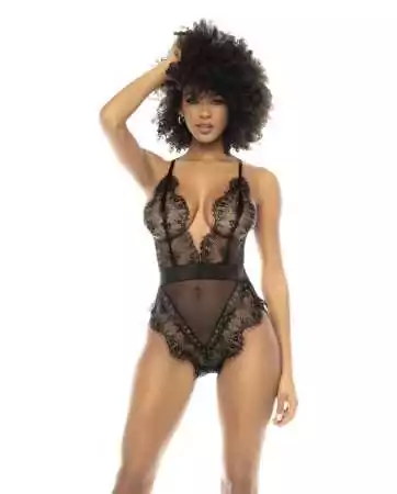 Black lace and fishnet Piper bodystring with back lacing and adjustable straps - MAL8851BLK