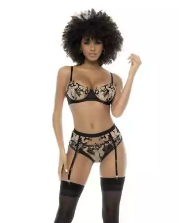 Kyra 3-piece black and flesh set with embroidered lace, underwired bra, garter belt and panties -...