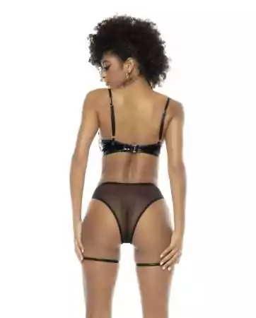 2-piece set, black vinyl and fishnet, topless bra and thong with functional zip - MAL2756GLBK
