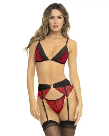 Red 3-piece set, bra, garter belt and g-string - REN53037-RED