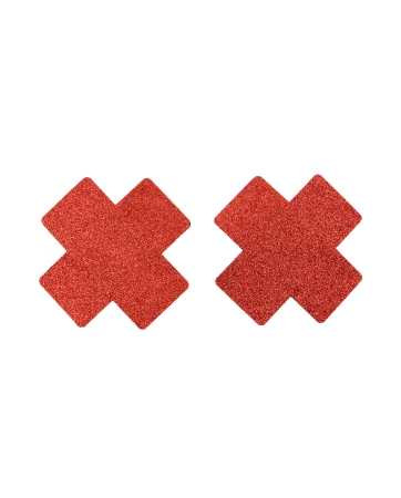 Coppia di copricapezzoli adesivi con croce rossa e glitter - NP-1048RED