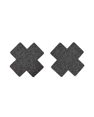 Coppia di copricapezzoli adesivi neri a croce glitterata - NP-1048BLK