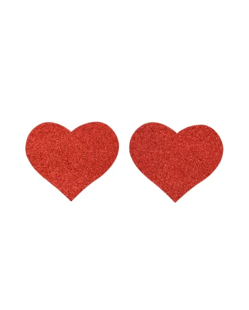 Coppia di copricapezzoli adesivi con cuore rosso glitterato - NP-1049RED
