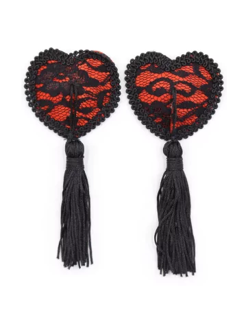 Pair of heart-shaped adhesive nipple covers with black lace and pompom - NP-0077