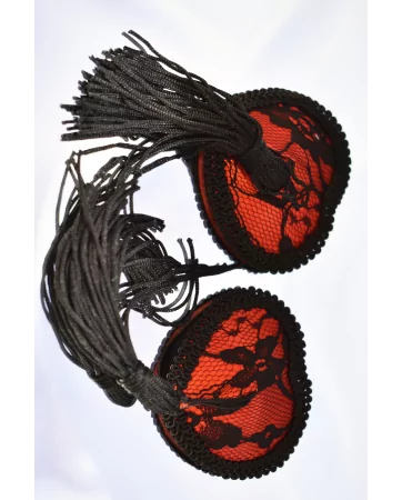Pair of heart-shaped adhesive nipple covers with black lace and pompom - NP-0077