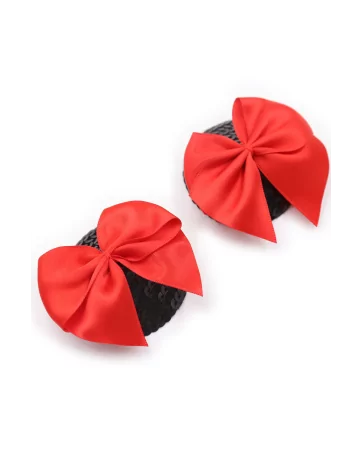 Pair of black adhesive nipple covers with red bow tie - NP-1063