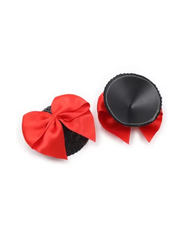 Pair of black adhesive nipple covers with red bow tie - NP-1063
