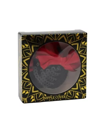 Pair of black adhesive nipple covers with red bow tie - NP-1063