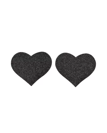 Coppia di copricapezzoli adesivi con cuore glitterato nero - NP-1049BLK