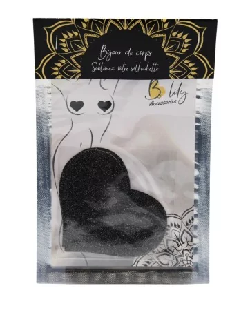 Coppia di copricapezzoli adesivi con cuore glitterato nero - NP-1049BLK