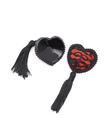 Pair of heart-shaped adhesive nipple covers with black lace and pompom - NP-0077