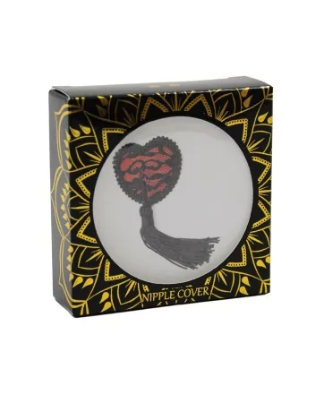 Pair of heart-shaped adhesive nipple covers with black lace and pompom - NP-0077