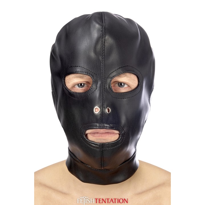 Cagoule BDSM 3 ouvertures en simili cuir - Fetish Tentation - Oralove