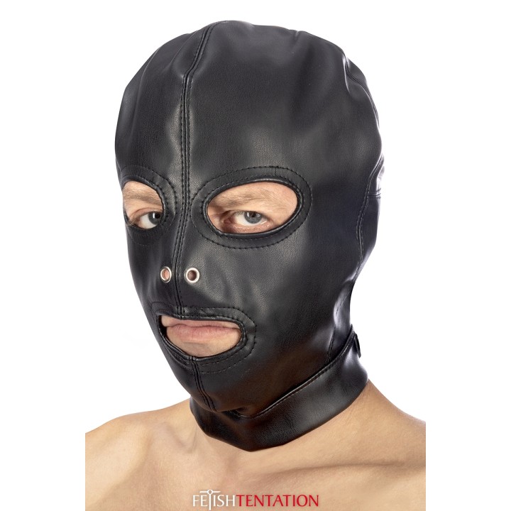 Cagoule BDSM 3 ouvertures en simili cuir - Fetish Tentation - Oralove