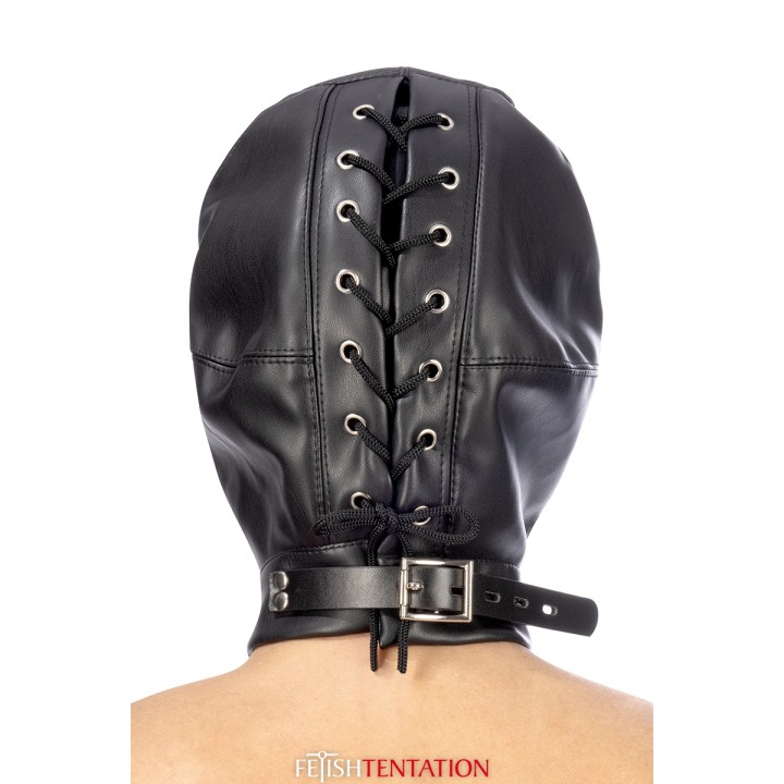 Cagoule BDSM 3 ouvertures en simili cuir - Fetish Tentation - Oralove