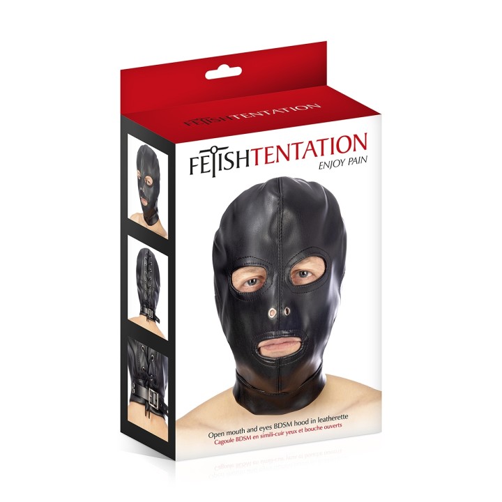 Cagoule BDSM 3 ouvertures en simili cuir - Fetish Tentation - Oralove