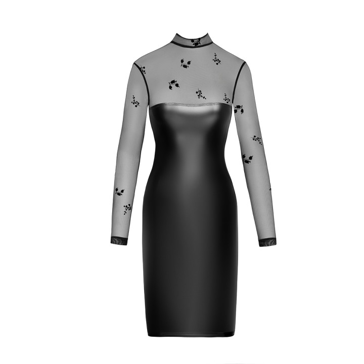 Robe moulante Sublime F310 wetlook et tulle floqué - Oralove