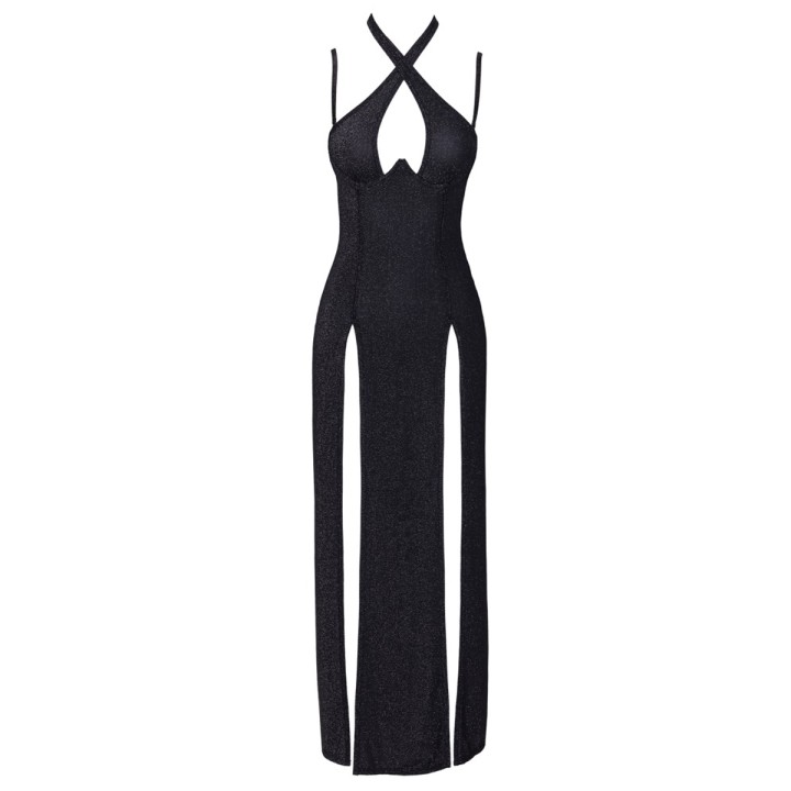 Robe longue à décolleté plongeant noire argentée - Cottelli PARTY - Oralove