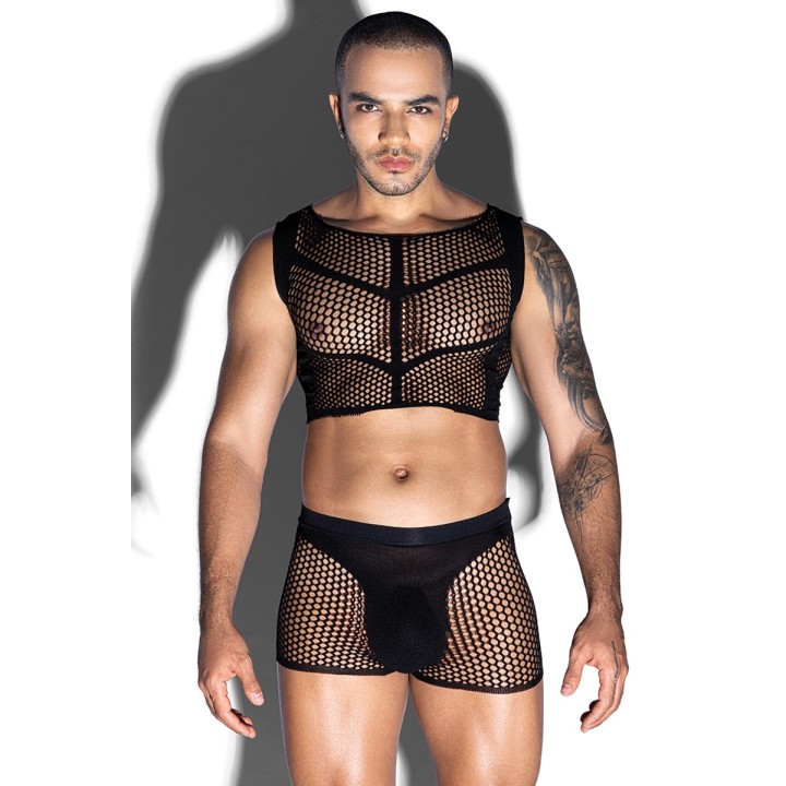 Ensemble top et boxer noir en maille résille - J Lingerie - Oralove