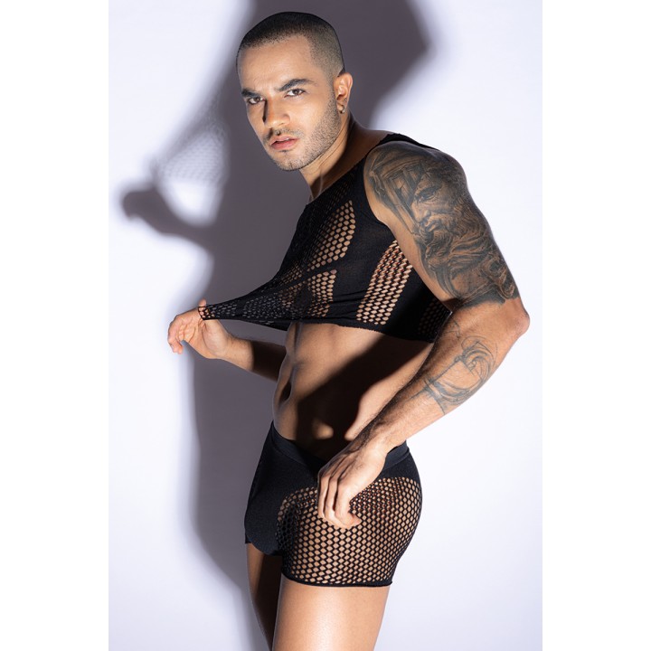 Ensemble top et boxer noir en maille résille - J Lingerie - Oralove