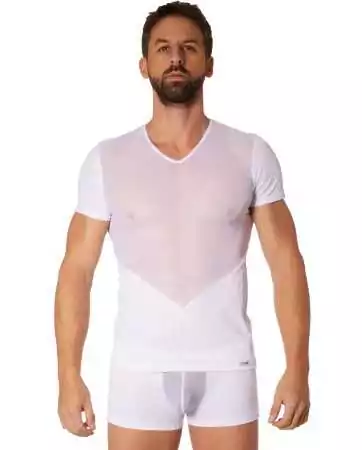 Fein geripptes weißes T-Shirt mit Transparenz - LM905-81WHT