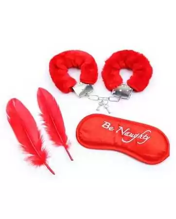 Naughty kit with 4 pieces: Handcuffs, 2 feathers, and a red mask - 332400005
