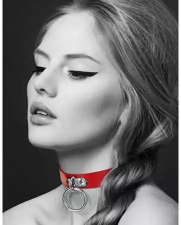 Red leather BDSM collar with silver metal ring for leash - CC6060010030