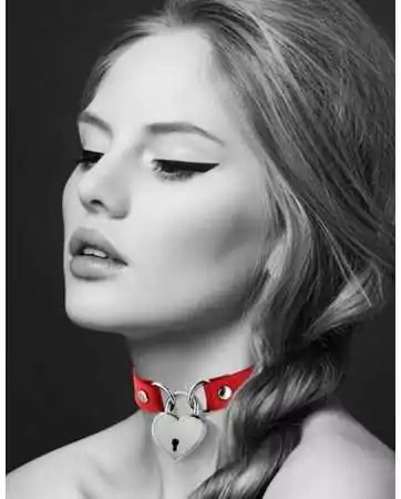 Red leather SM collar with silver heart-shaped padlock pendant - CC6060040030