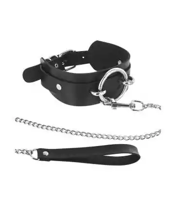 Fetishist collar with wide metal ring and leash - CC6060180010