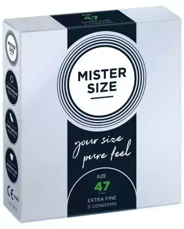 Box of 3 latex condoms with reservoir, available in 7 sizes Mister Size - MS03