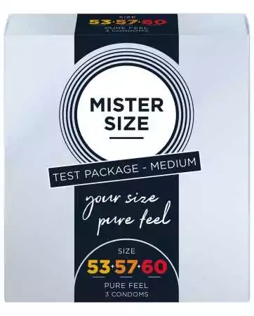 Caixa de teste com 3 preservativos de látex com reservatório, 3 tamanhos Mister Size - MS03TEST.