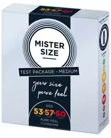 Caixa de teste com 3 preservativos de látex com reservatório, 3 tamanhos Mister Size - MS03TEST.