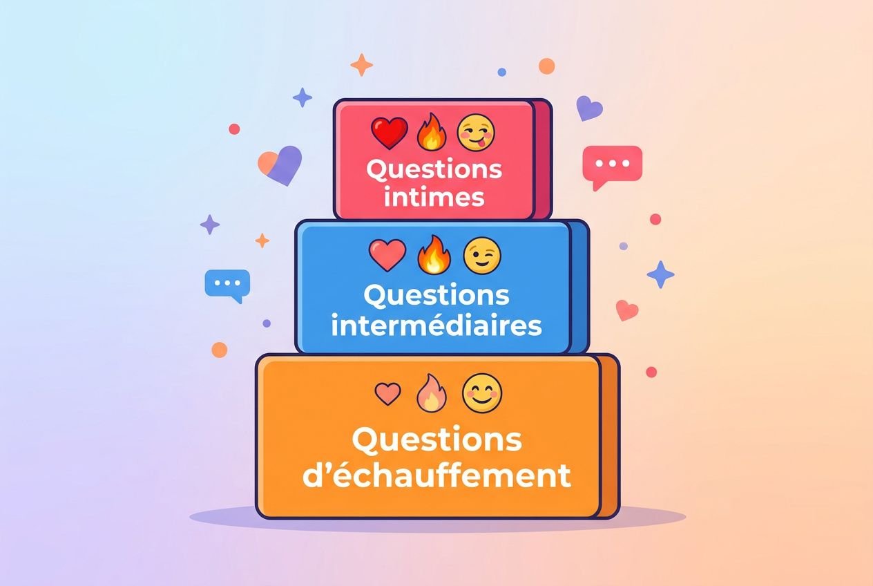 Trois blocs empilés de couleurs pastel représentant “Questions intimes”, “Questions intermédiaires” et “Questions d’échauffement” avec des émojis cœur, feu et sourire dans un décor doux. Intègre subtilement le terme 100 question couple.