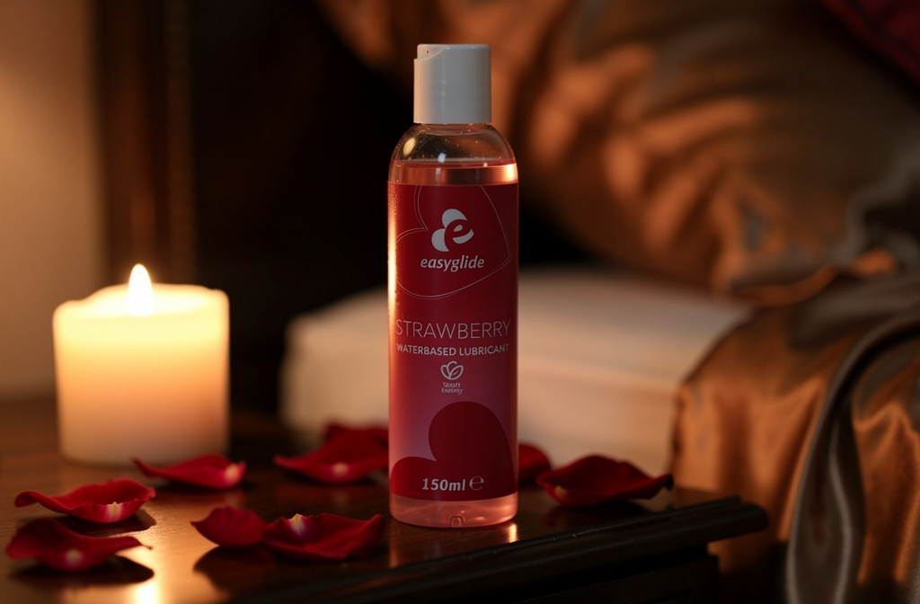 Lubrifiant intime posé sur une table de chevet romantique avec bougies et pétales de roses