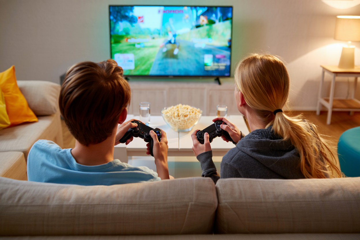 Couple jouant à un jeu vidéo coopératif