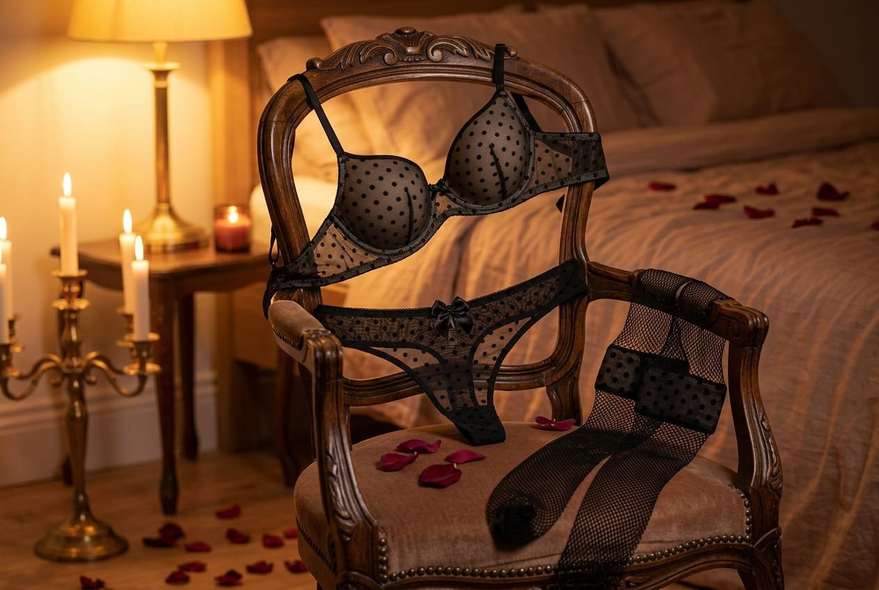 Ensemble lingerie noir à pois posé sur une chaise vintage dans une chambre romantique aux bougies allumées.