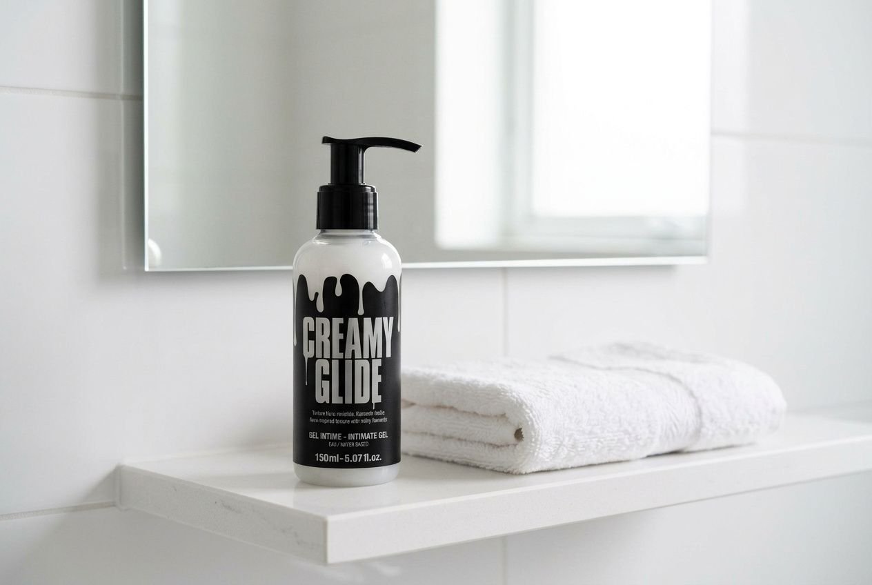 Gel intime Creamy Glide posé sur une étagère de salle de bain blanche et épurée.