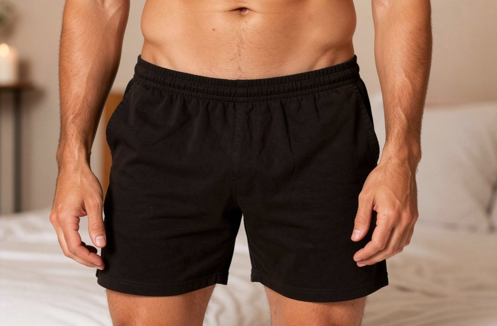 Homme portant un slip en simili-cuir noir avec lanières dans une chambre intime aux bougies tamisées.