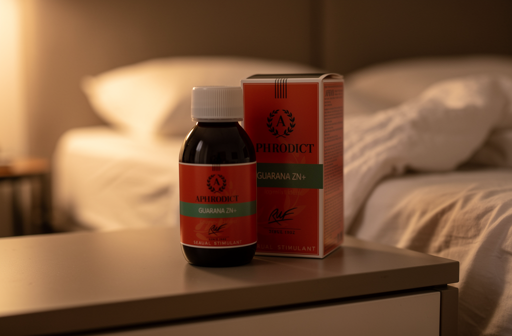 Bouteille de stimulant naturel sur une table de chevet dans une chambre romantique