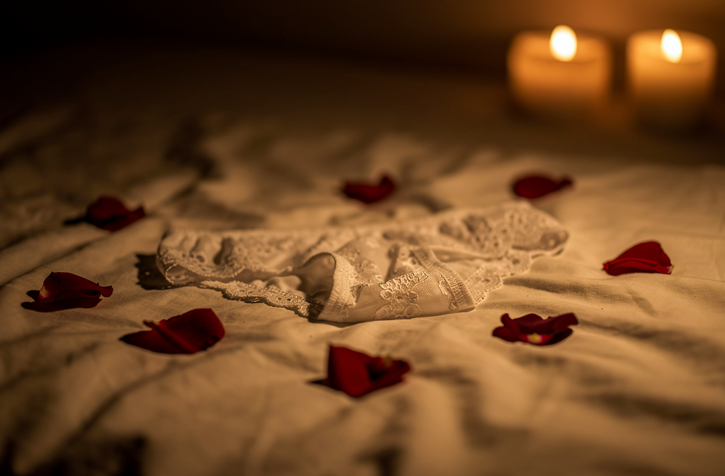 Culotte blanche posée élégamment sur un lit romantique avec des pétales de roses et des bougies tamisées.
