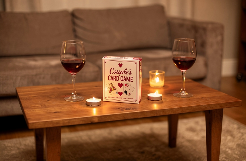 Jeu de cartes pour couple posé sur une table basse avec bougies et verres de vin