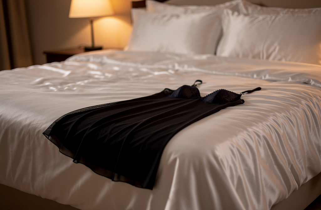 Nuisette noire en dentelle posée sur un lit aux draps blancs soyeux dans une chambre intimiste.