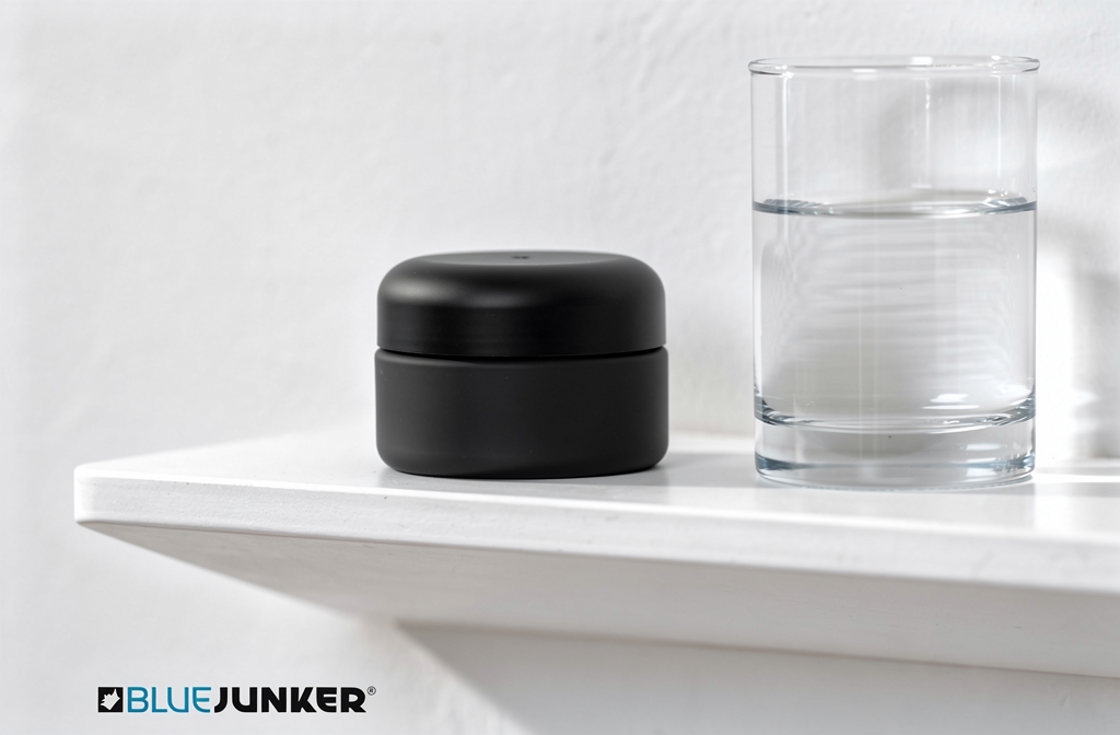 Plug anal en silicone noir posé sur une étagère de salle de bain blanche, évoquant les soins intimes après un rapport sexuel.