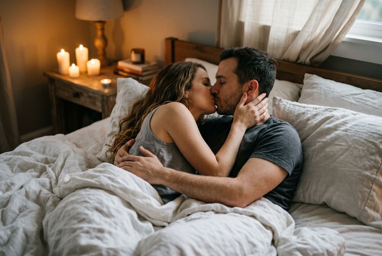 Couple s’embrassant et se câlinant au lit, ambiance douce avec bougies sur la table de nuit et draps blancs. Idées préliminaires pour couples dans le cadre romantique.