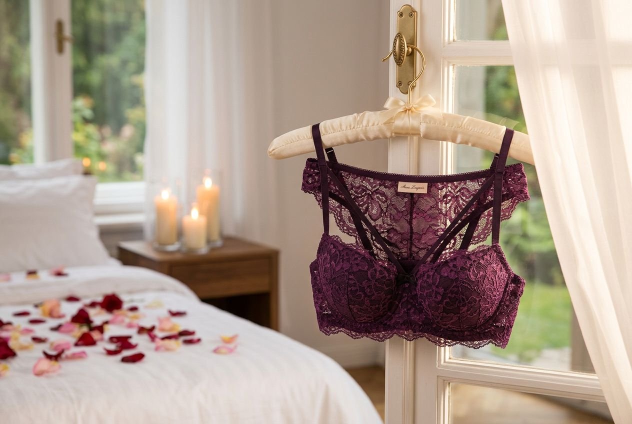 Ensemble lingerie dentelle violette près d'une fenêtre dans une chambre romantique aux bougies allumées.