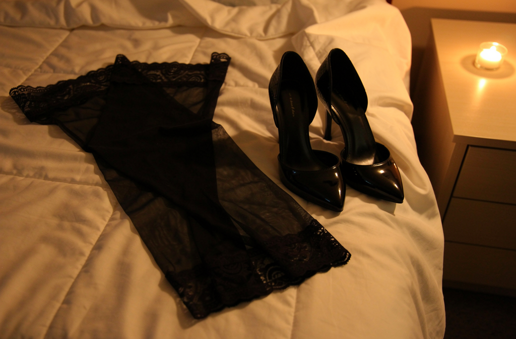 Bas noirs élégants avec jarretelles en dentelle posés sur des draps blancs à côté d'une bougie allumée dans une chambre intime