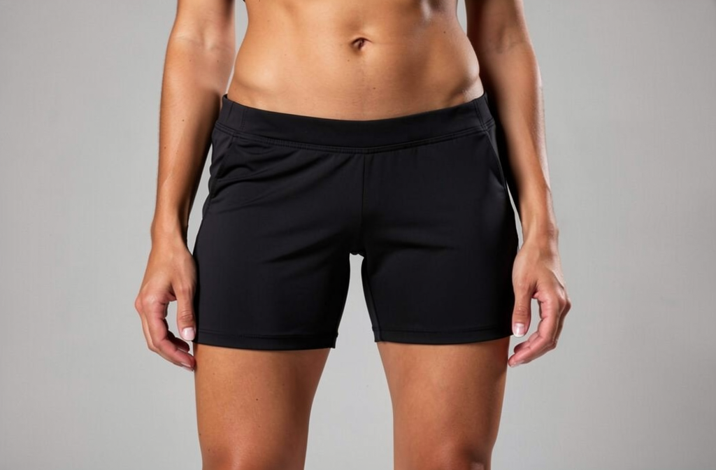 Sous-vêtement masculin string en simili cuir noir posé sur un parquet près d'un lit aux draps en satin froissés.